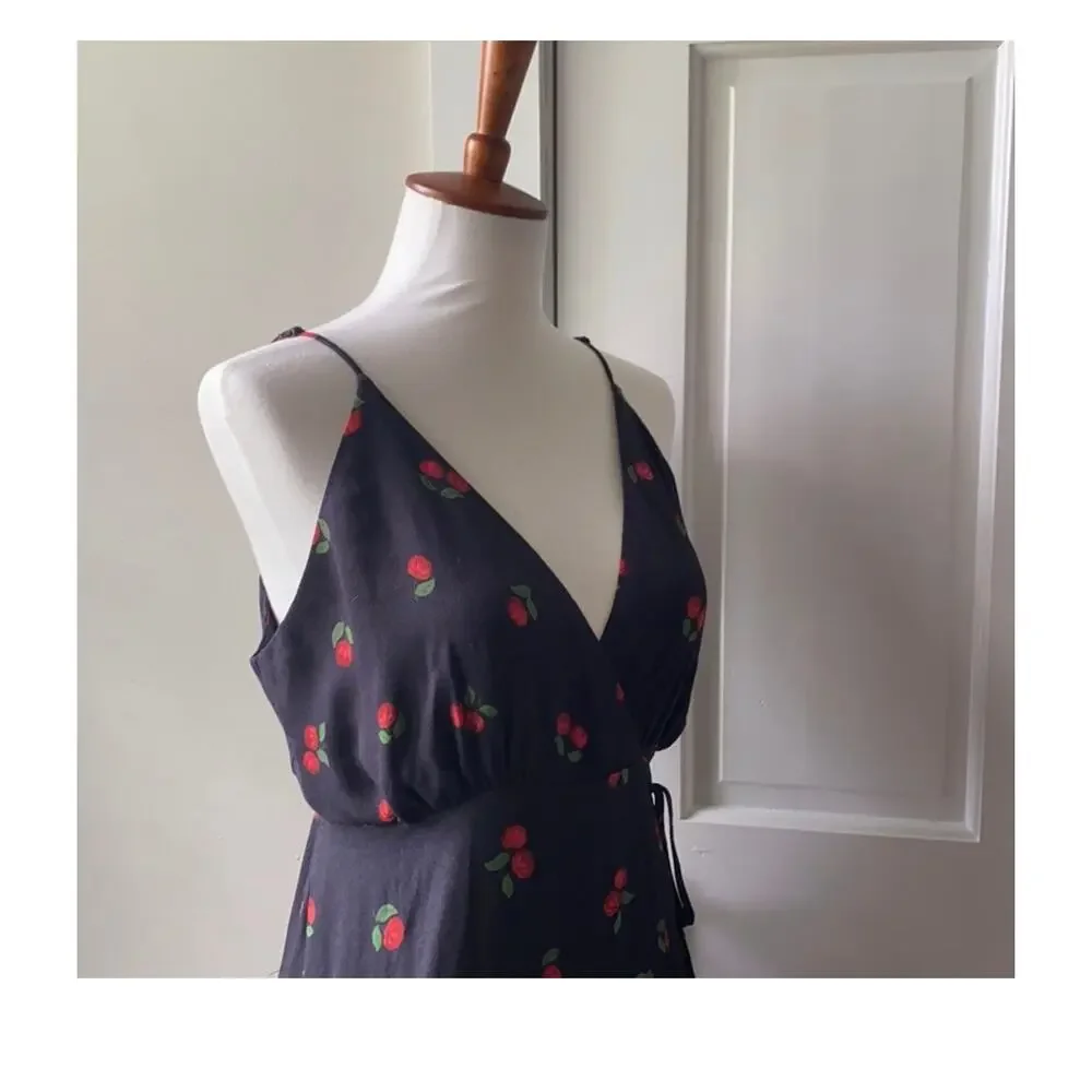 FARM Rio Black Pitanga Fringe Wrap Midi Cherry Dress Strappy Beaded Size M